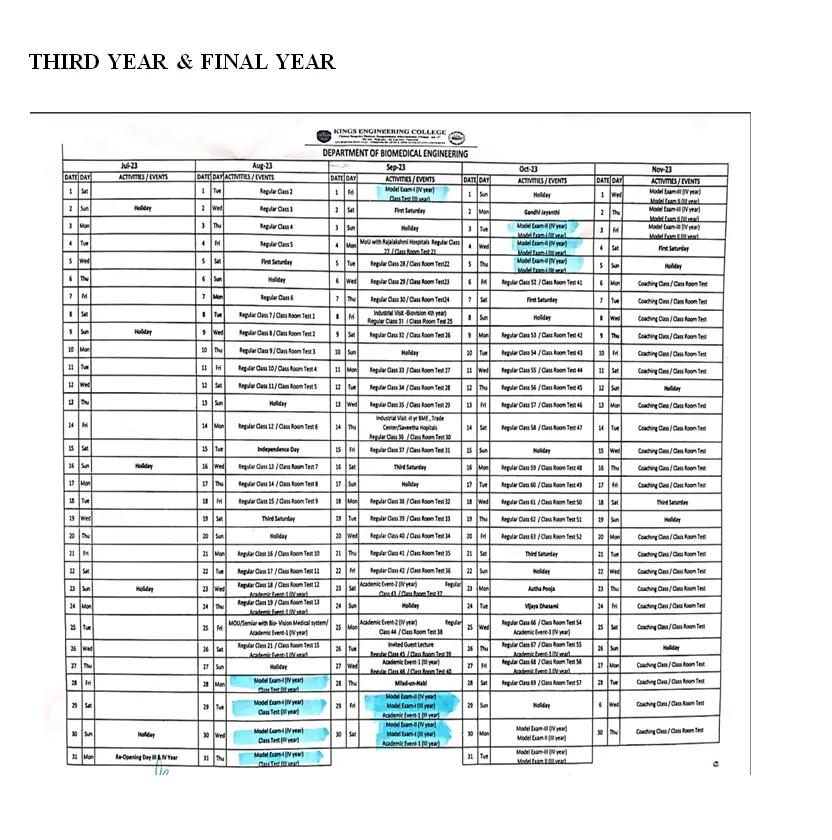 academic calendar of mech department